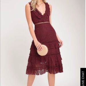 LULU’S BURGUNDY LACE RUFFLED MIDI DRESS